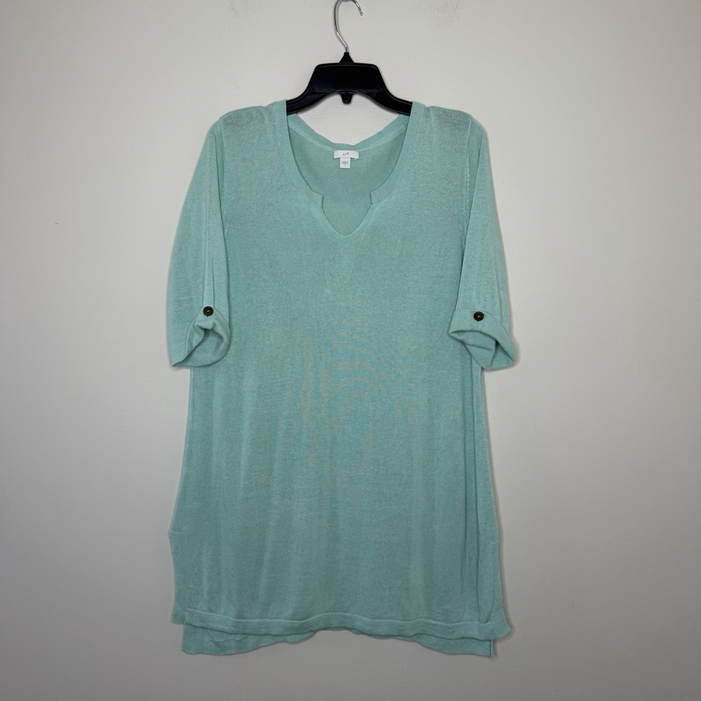 J. Jill Women's Large Linen Rayon Tunic Sweater Top Mint Green Roll Tab Sleeve